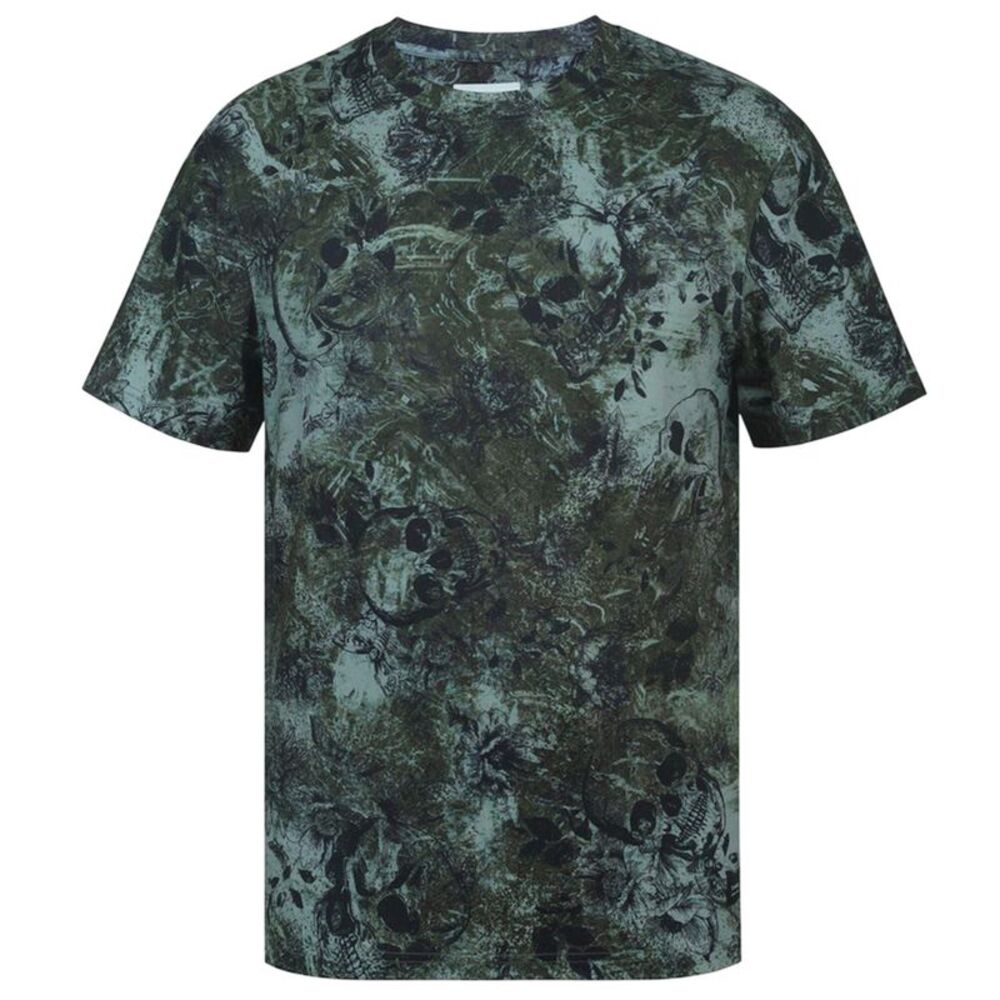 Firetrap Mens Skull All-Over Print T-Shirt / Green/Black